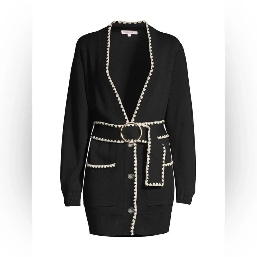 REBECCA TAYLOR Belted Stitched Wool-Blend Cardigan size M